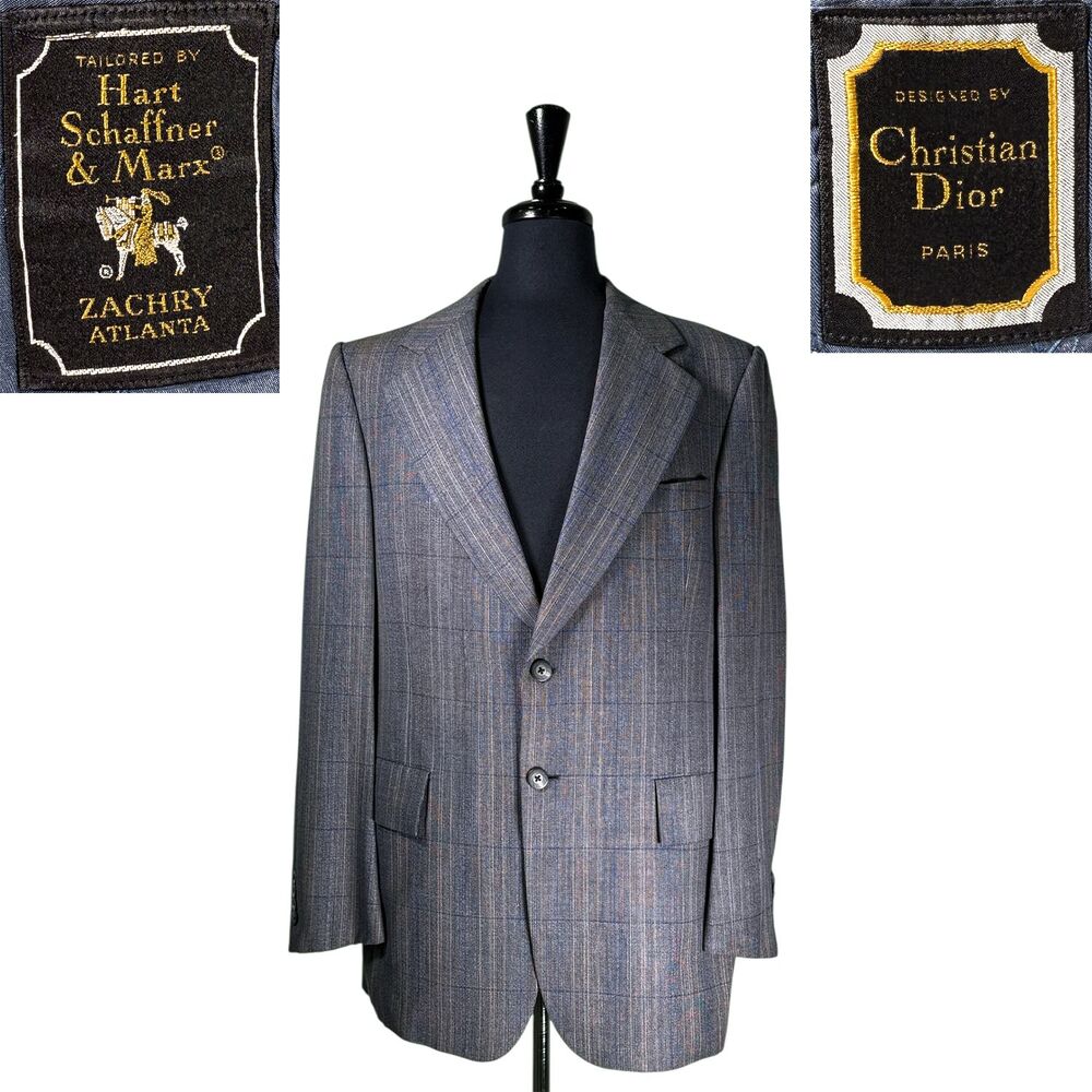 Hart Schaffner Marx Mens 42L Blue Plaid Blazer Virgin Wool Christian Dior Fabric